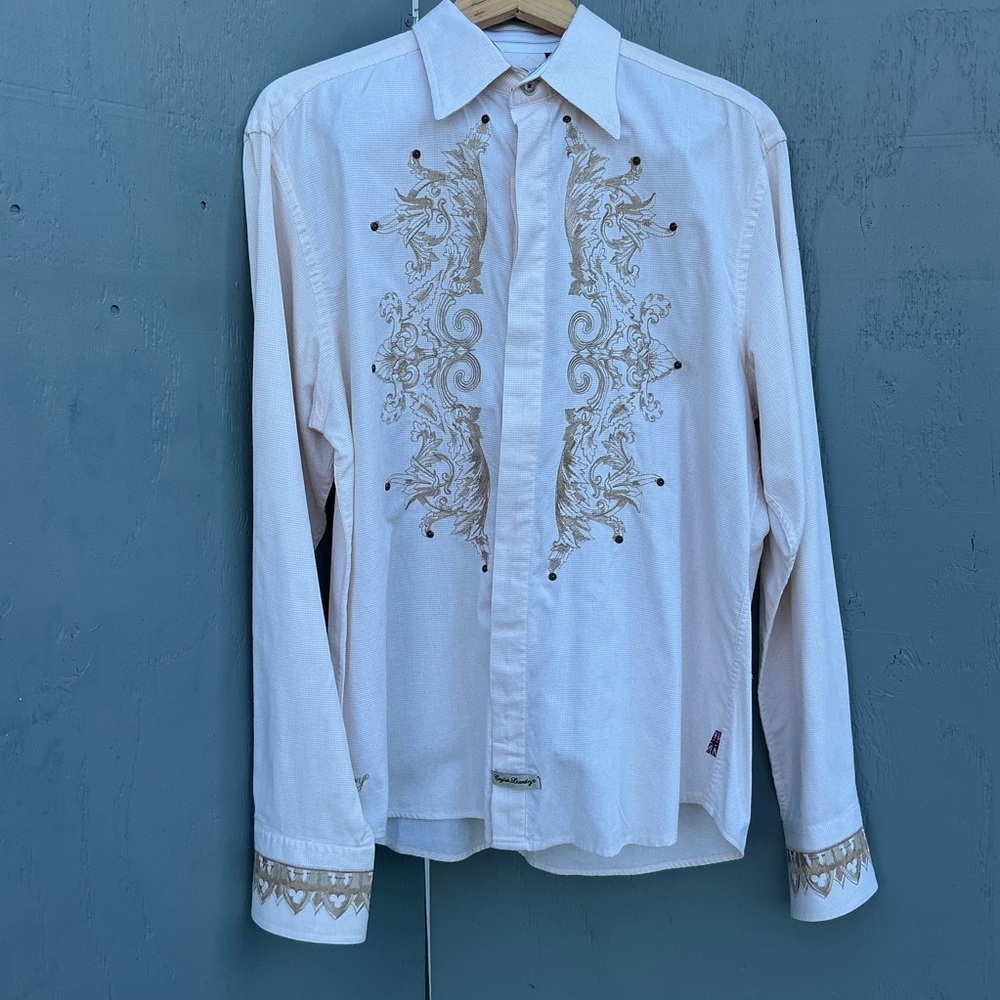 English Laundry White and Gold Embroidered Long Sleeve Shirt